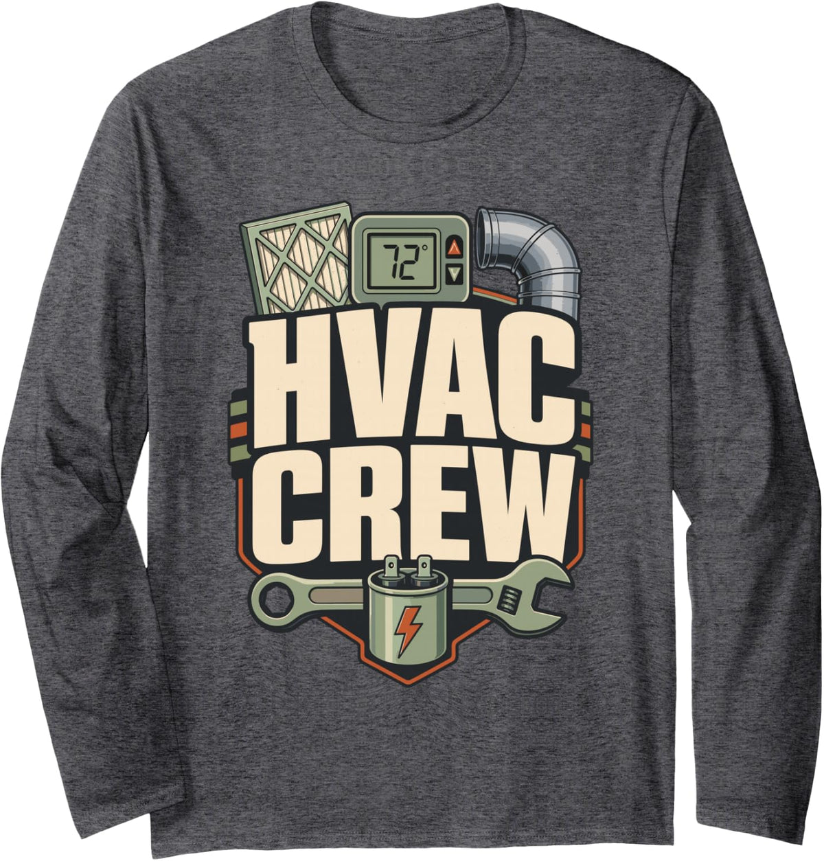 HVAC Crew Technician Retro Badge Long Sleeve T-Shirt - Adult Unisex Dark Heather Grey
