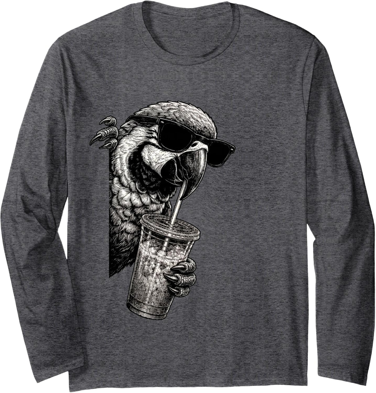 Funny Parrot Peeking Drinking Iced Coffee Bird Humor Long Sleeve T-Shirt - Adult Unisex Dark Heather Grey