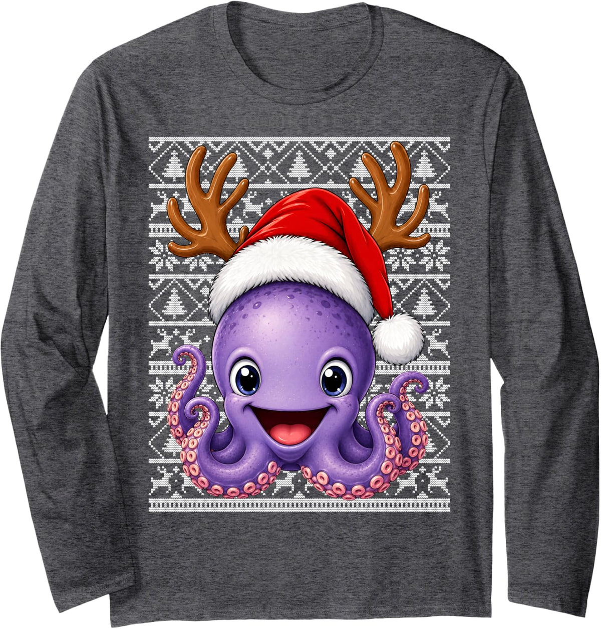 Octopus Christmas Santa Hat Ugly Sweaters Octopus Xmas Long Sleeve T-Shirt - Adult Unisex Dark Heather Grey