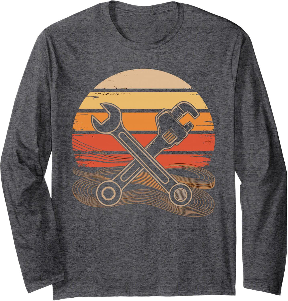 Retro Vintage HVAC Technician Wrench Sunset Long Sleeve T-Shirt - Adult Unisex Dark Heather Grey