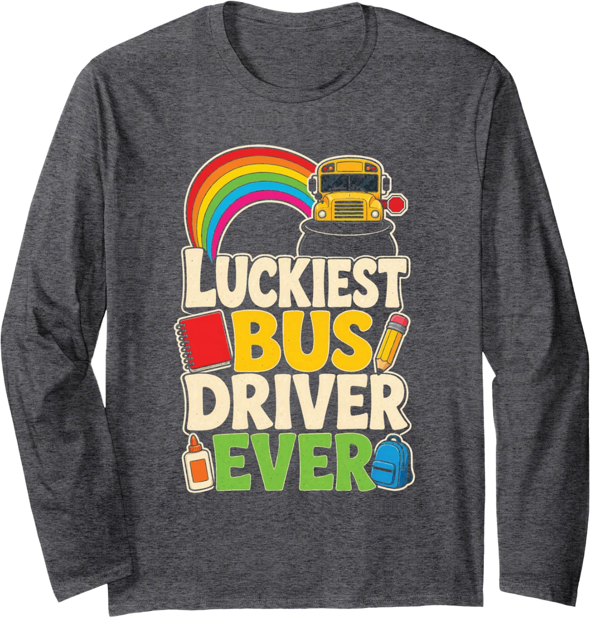 School Bus Driver St Patricks Day Luckiest Ever Elementary Long Sleeve T-Shirt - Adult Unisex Dark Heather Grey