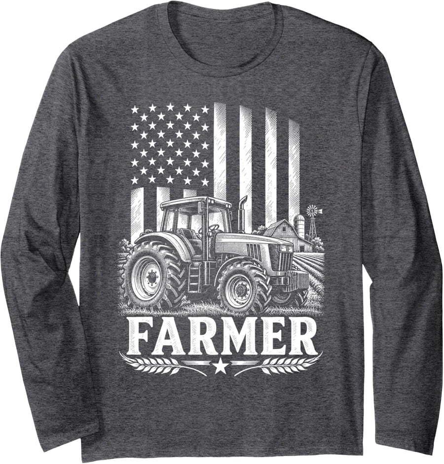 American Flag Tractor Farmer Patriotic Farm Farming Life Long Sleeve T-Shirt - Adult Unisex Dark Heather Grey