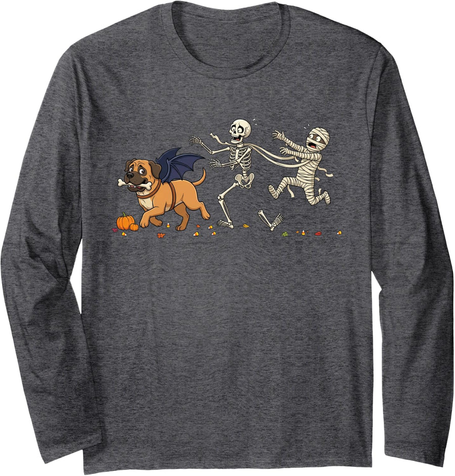 Funny Mastiff Dog Skeleton Mummy Halloween Kids Mens Womens Long Sleeve T-Shirt - Adult Unisex Dark Heather Grey