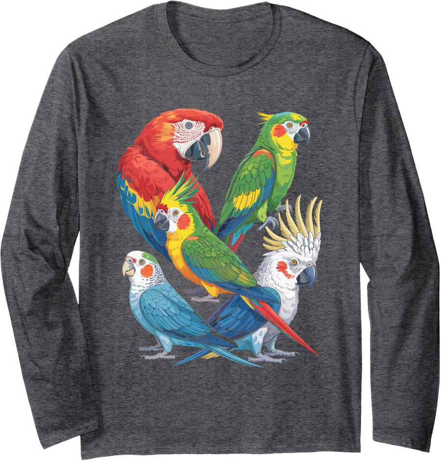 Colorful Parrot Species Bird Lover Design Long Sleeve T-Shirt - Adult Unisex Dark Heather Grey