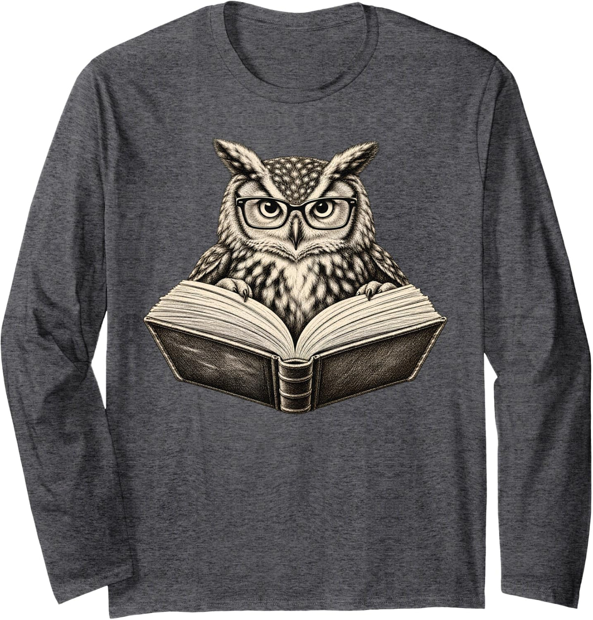 Reading Owl with Glasses Book Lover Library Funny Humor Long Sleeve T-Shirt - Adult Unisex Dark Heather Grey