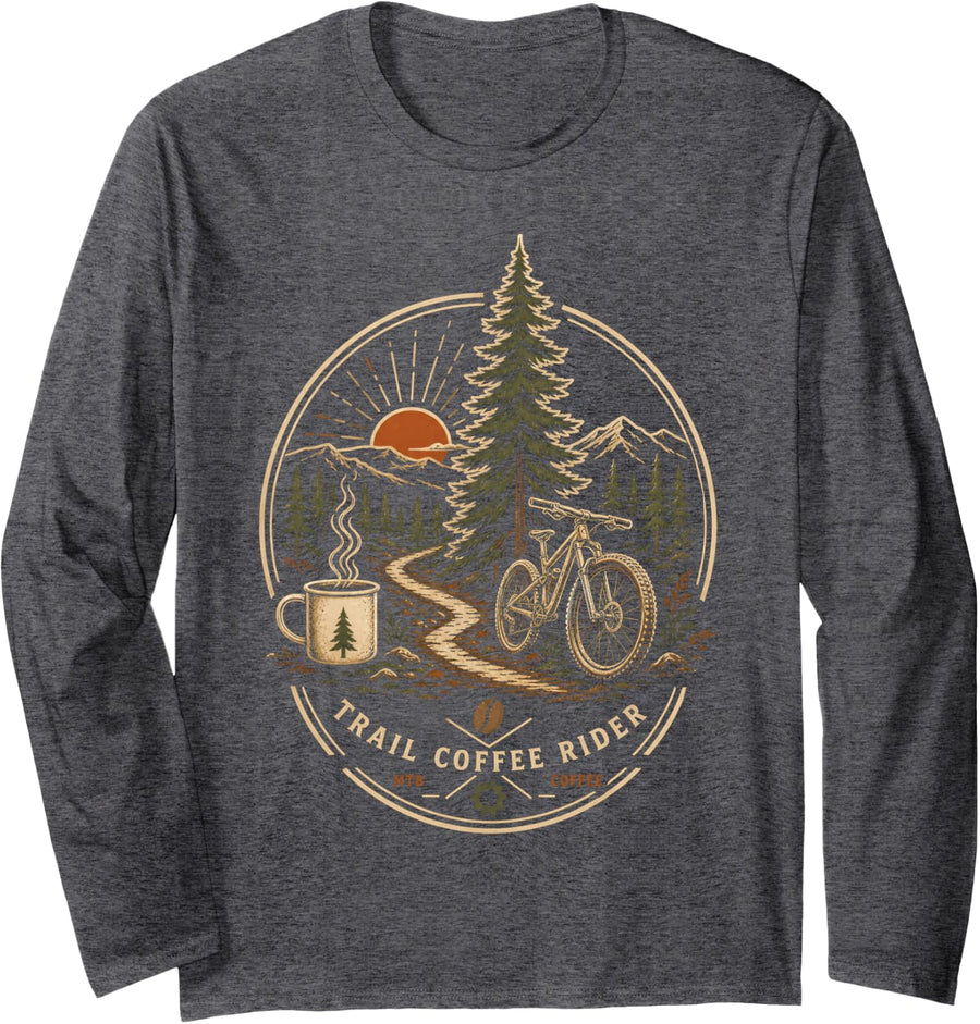 Trail Coffee Rider MTB Mountain Bike Long Sleeve T-Shirt - Adult Unisex Dark Heather Grey