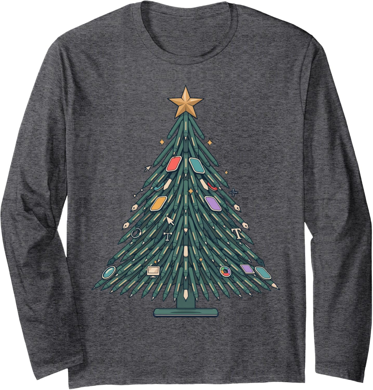 Graphic Designer Christmas Tree Long Sleeve T-Shirt - Adult Unisex Dark Heather Grey
