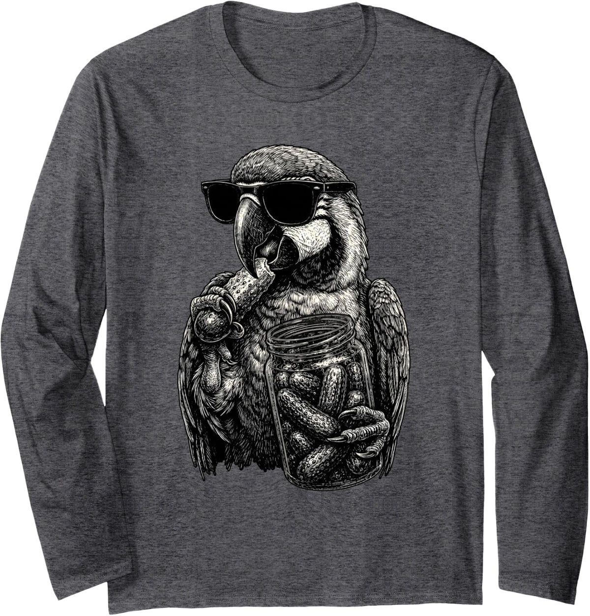 Parrot Eating Pickles Funny Animal Men Women Long Sleeve T-Shirt - Adult Unisex Dark Heather Grey