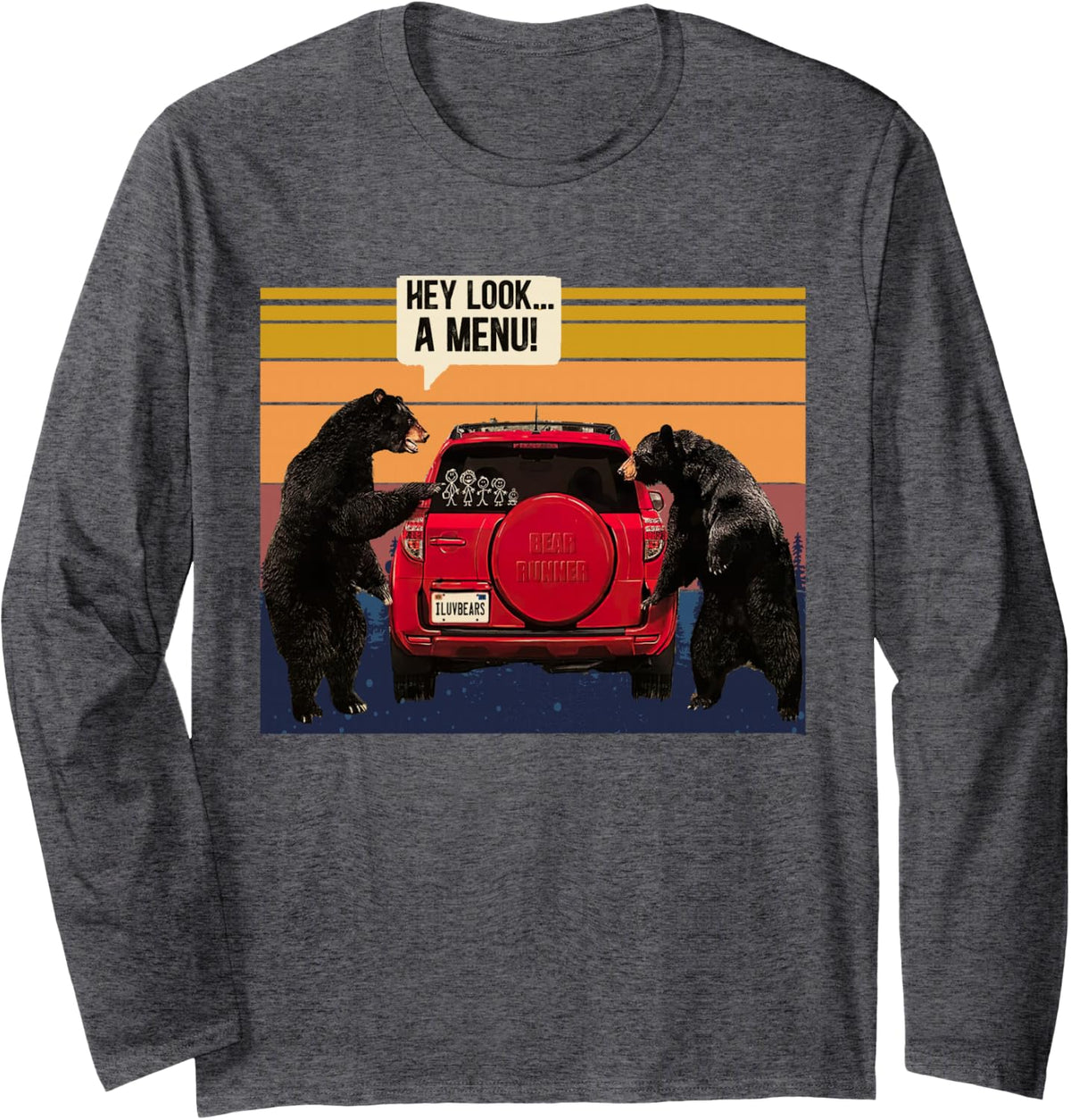 Hey Look A Menu Camping Camper, Retro Vintage Funny Bear Long Sleeve T-Shirt - Adult Unisex Dark Heather Grey