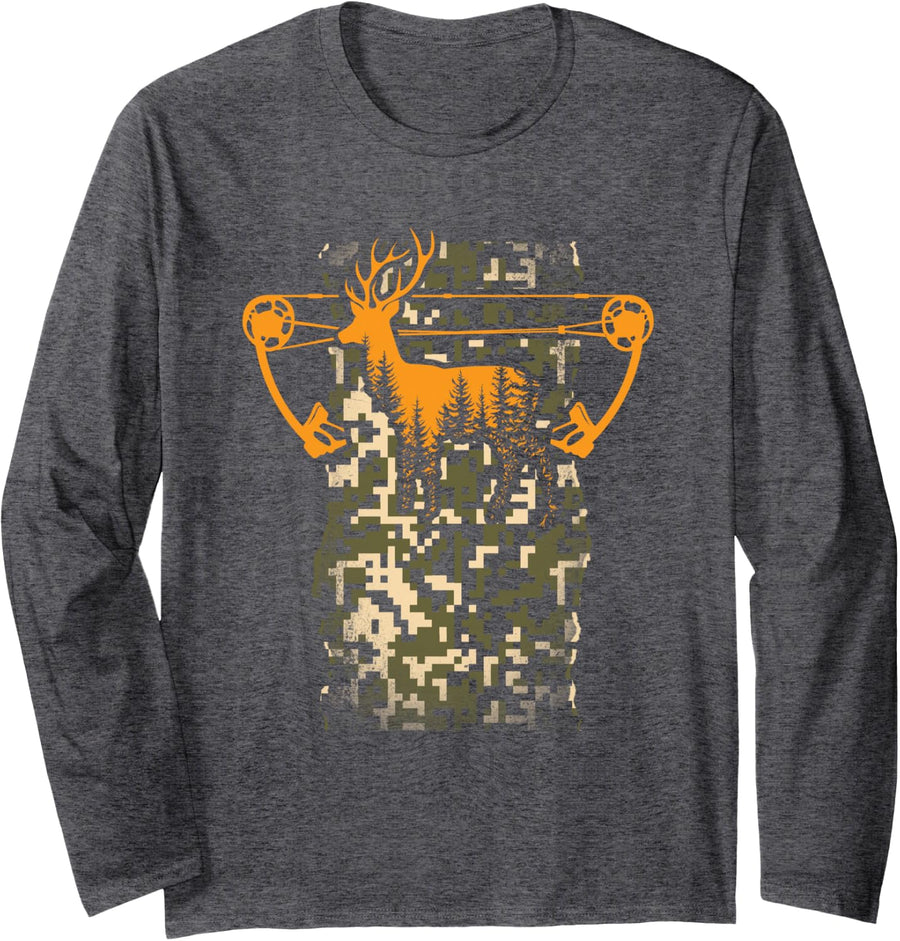 Compound Bow Deer Hunting Camouflage Stag Mule Elk Bowhunter Long Sleeve T-Shirt - Adult Unisex Dark Heather Grey