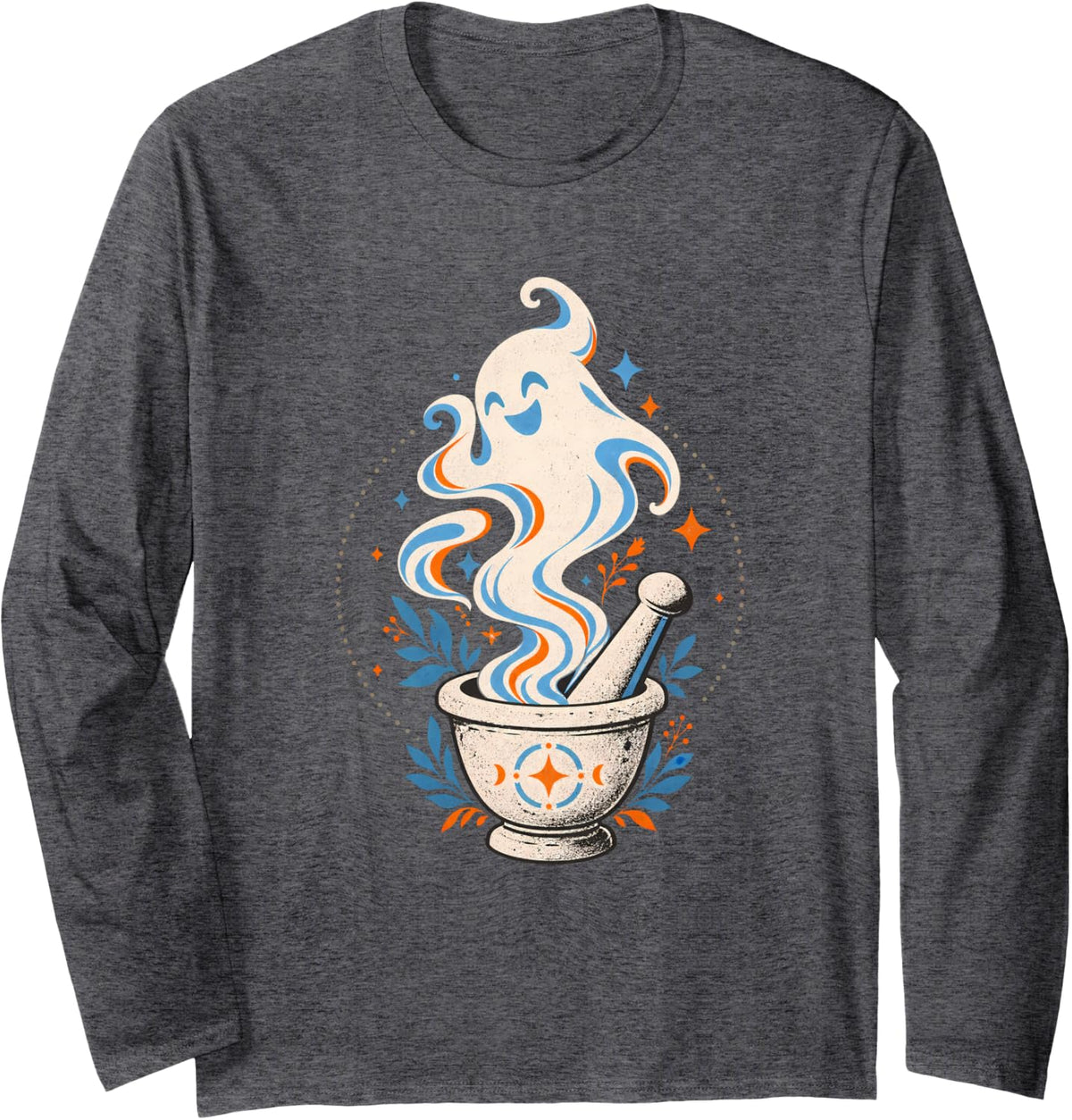 Pharmacy Tech Halloween Ghost Mortar Pestle Funny Long Sleeve T-Shirt - Adult Unisex Dark Heather Grey