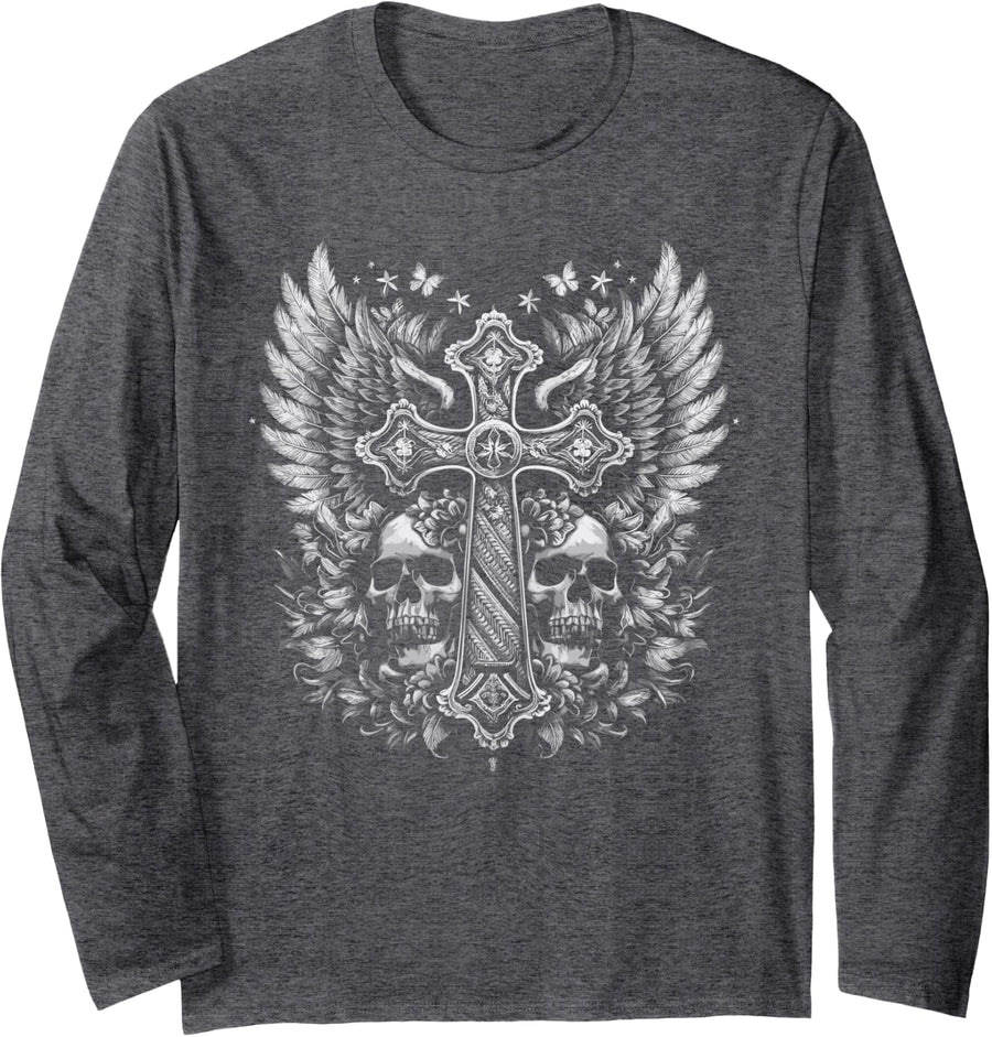 Emo Y2K Grunge Aesthetic Goth Skull Cross Gothic Butterfly Long Sleeve T-Shirt - Adult Unisex Dark Heather Grey
