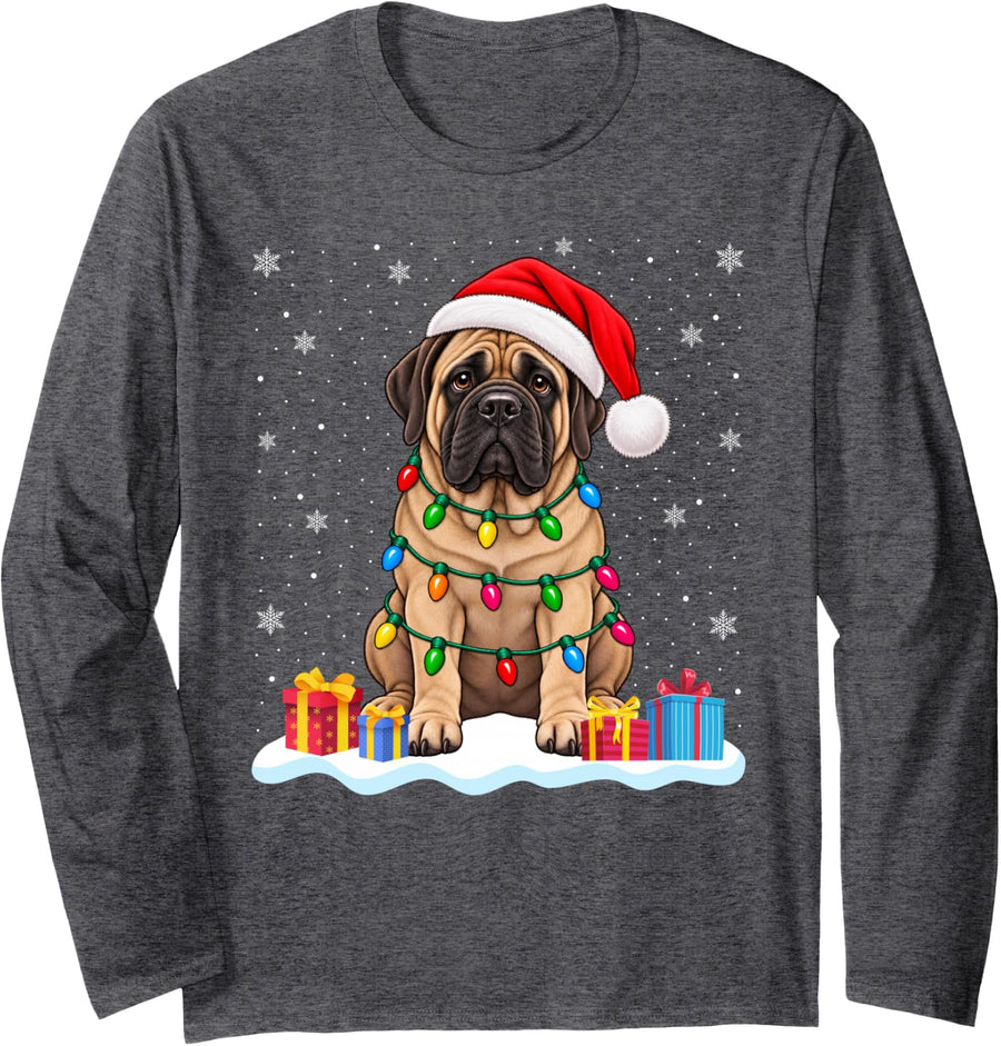 Funny Mastiff Dog Christmas Sweater Santa Hat Dog Long Sleeve T-Shirt - Adult Unisex Dark Heather Grey