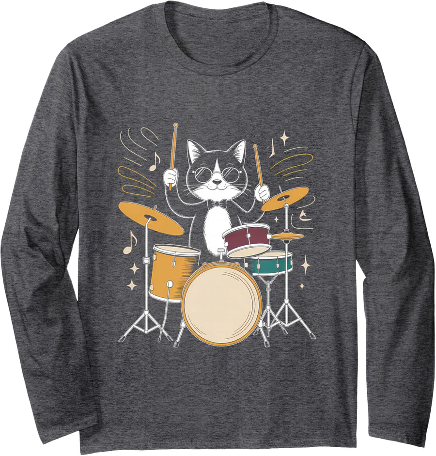 Sunglasses Cat Drummer Jazz Percussion Music Long Sleeve T-Shirt - Adult Unisex Dark Heather Grey
