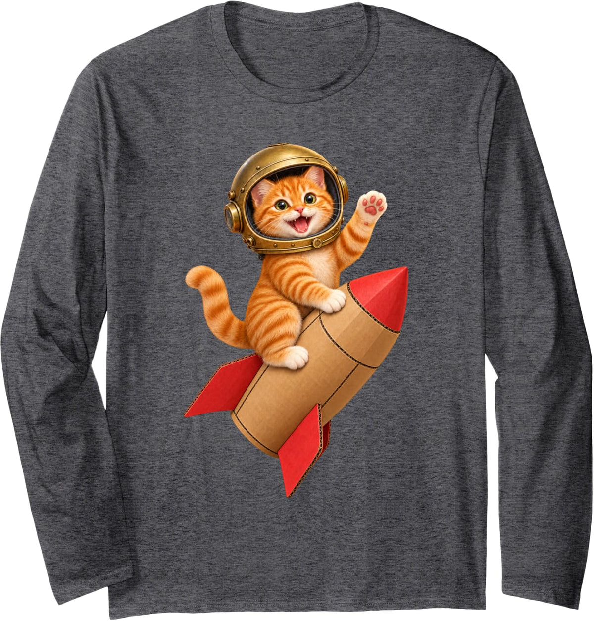 Space Cat Riding a Cardboard Rocket - Cute Astronaut Kitten Long Sleeve T-Shirt - Adult Unisex Dark Heather Grey