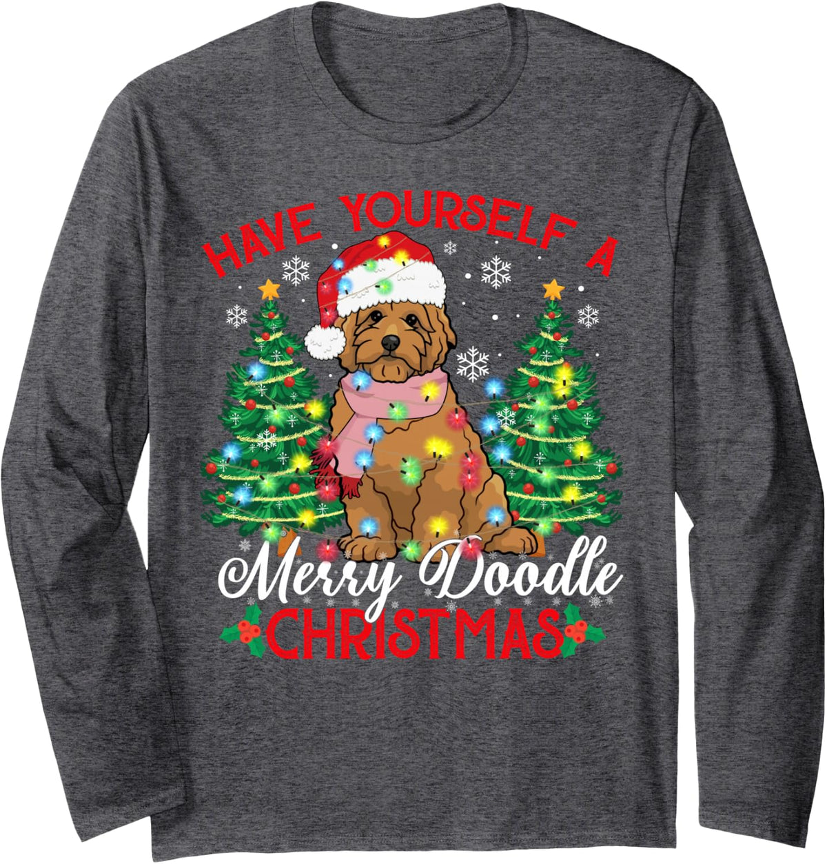 Cute Merry Doodle Dog Christmas Xmas Gifts Long Sleeve T-Shirt - Adult Unisex Dark Heather Grey