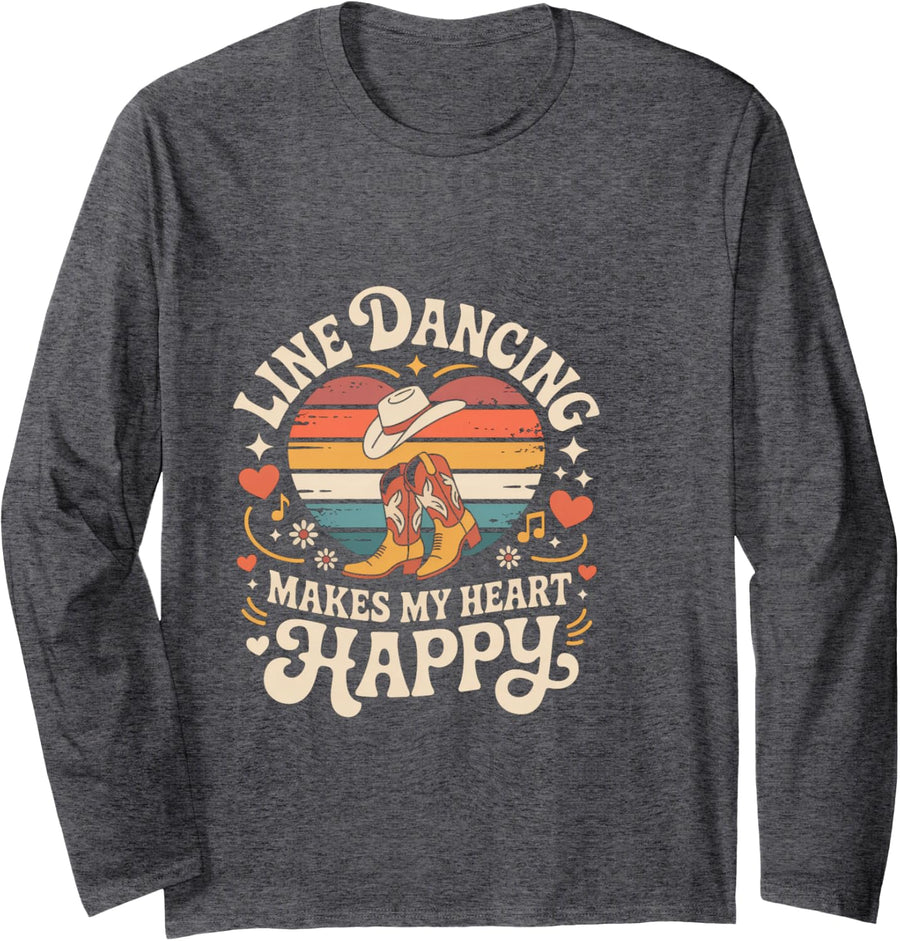 Line Dancing Makes My Heart Happy Country Boots Long Sleeve T-Shirt - Adult Unisex Dark Heather Grey