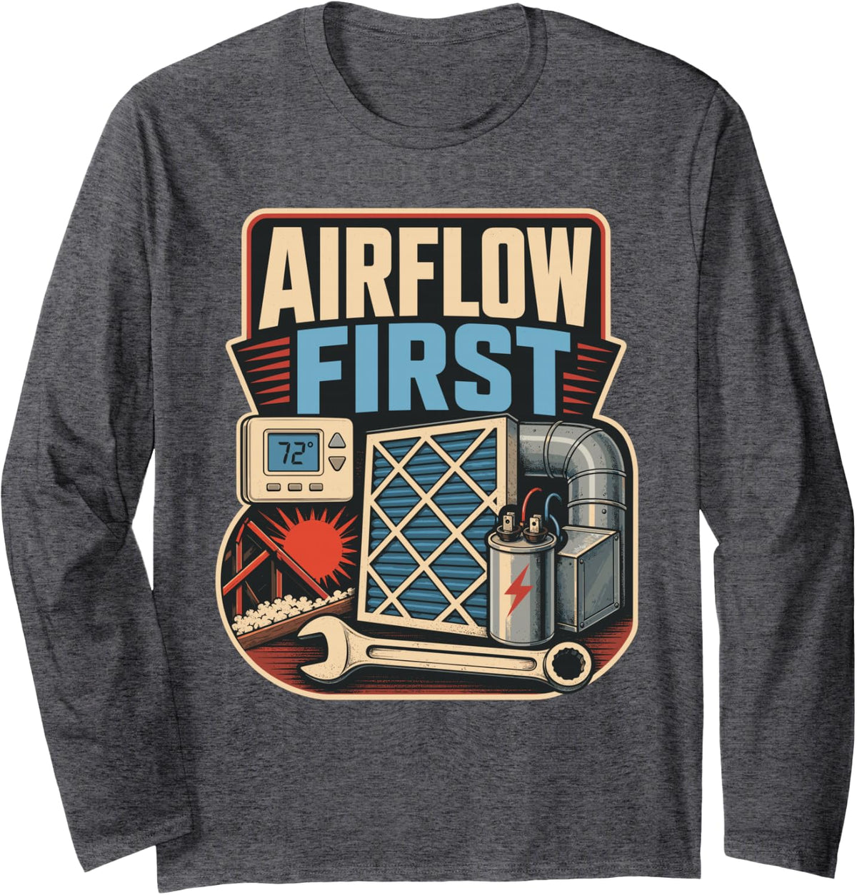 HVAC Airflow Technician Retro Long Sleeve T-Shirt - Adult Unisex Dark Heather Grey