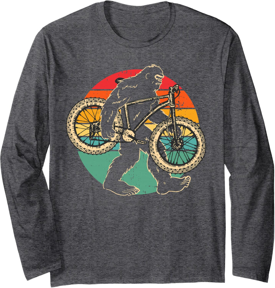 Vintage Bigfoot Mountain Bike MTB Biking Cycling Sasquatch Long Sleeve T-Shirt - Adult Unisex Dark Heather Grey