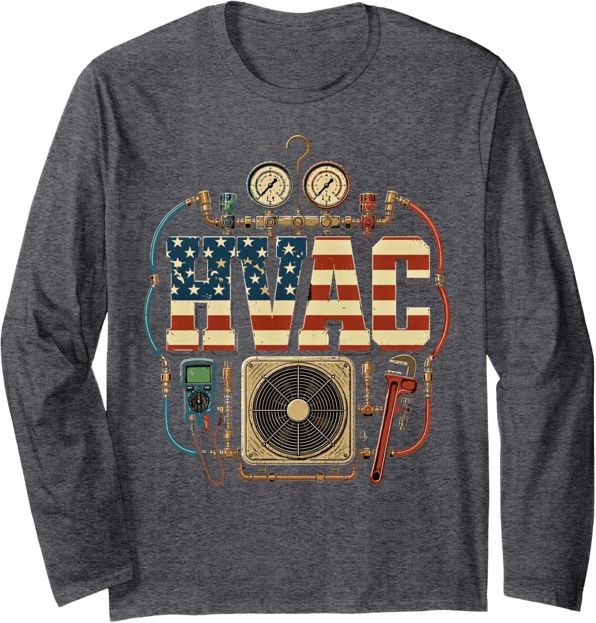 USA HVAC Technician American Flag HVAC Tech Long Sleeve T-Shirt - Adult Unisex Dark Heather Grey