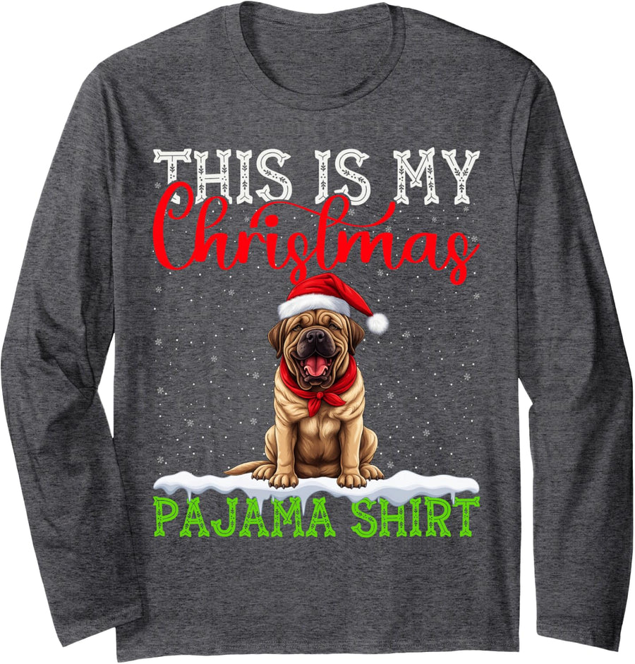 This is My English Mastiff Ugly Christmas Pajama Sweater Long Sleeve T-Shirt - Adult Unisex Dark Heather Grey