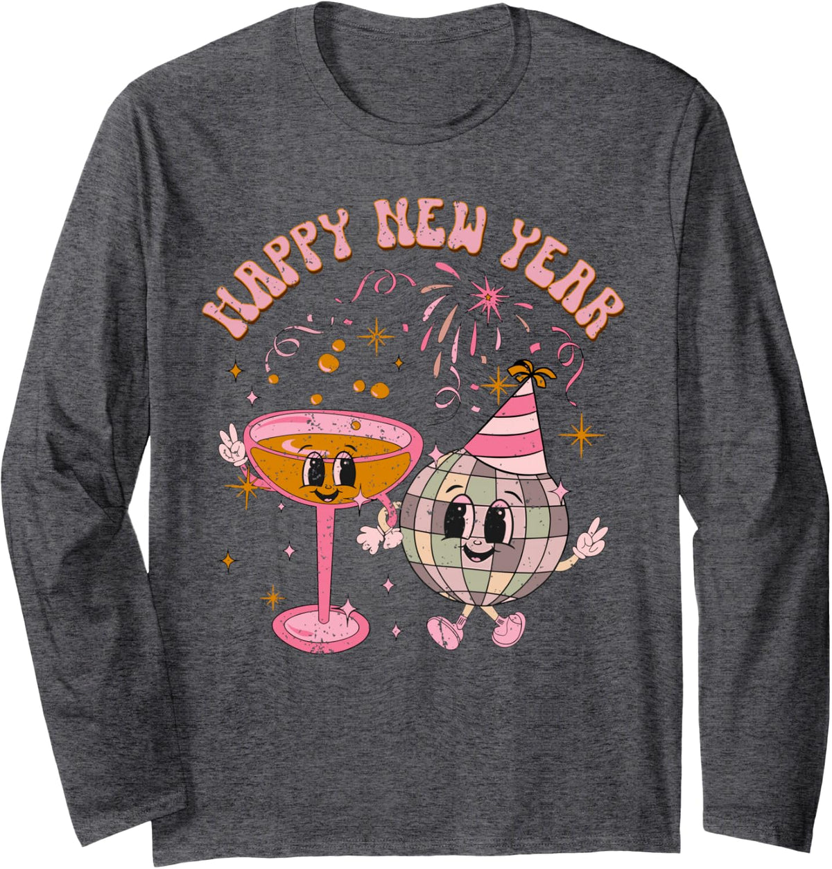 Happy New Year 2025 Disco Ball Wine Glass Cheers Drink Party Long Sleeve T-Shirt - Adult Unisex Dark Heather Grey