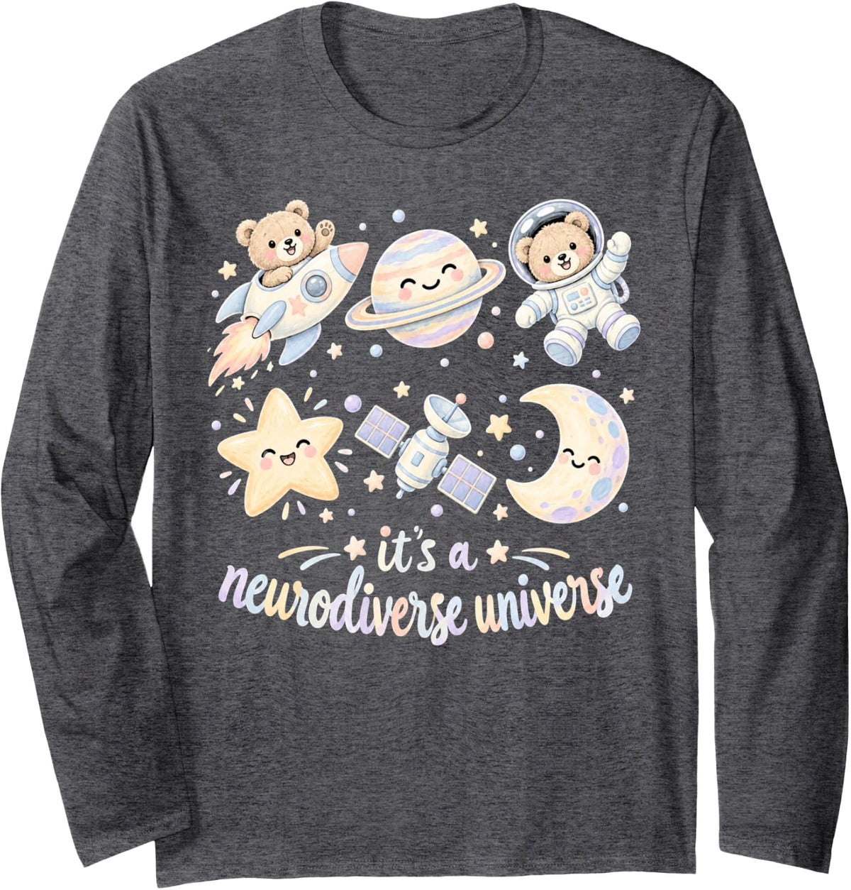 Neurodiversity Awareness Astronaut Bear Galaxy and Planets Long Sleeve T-Shirt - Adult Unisex Dark Heather Grey
