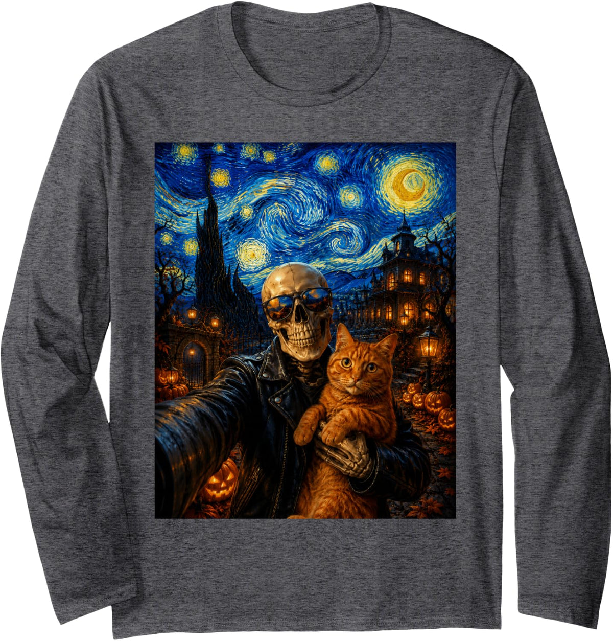 Halloween Skeleton Hugs Ginger Cat Van Gogh Starry Night Long Sleeve T-Shirt - Adult Unisex Dark Heather Grey