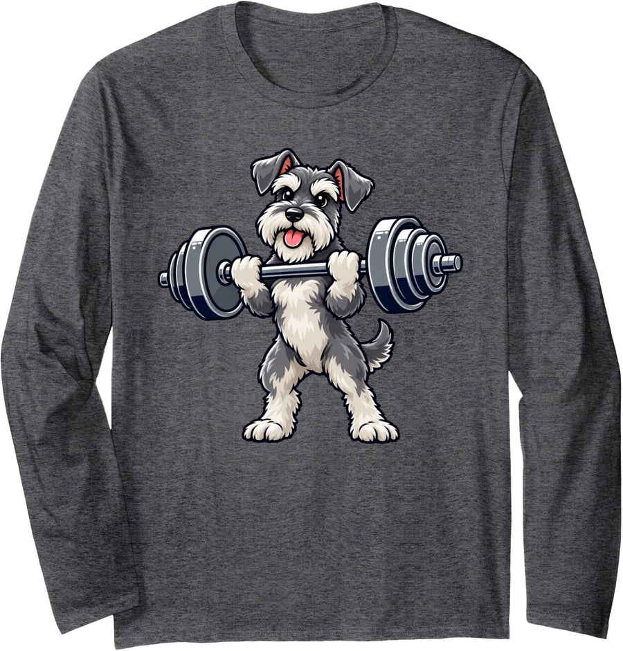 Dog Schnauzer Powerlifting Weightlifting Gym Workout Long Sleeve T-Shirt - Adult Unisex Dark Heather Grey
