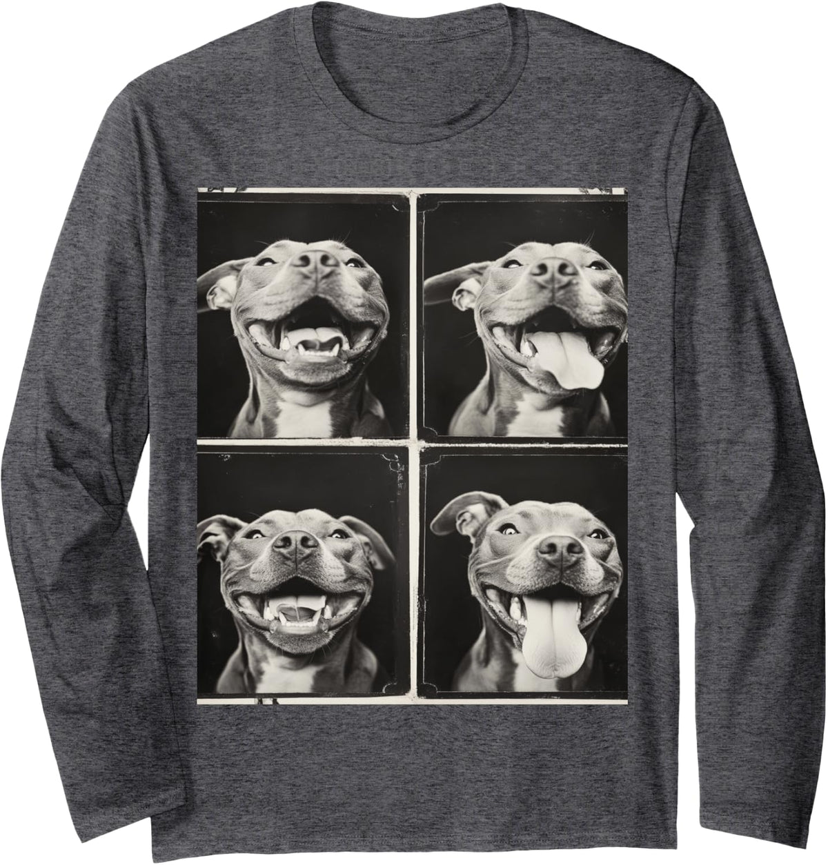 Black and White Pitbull Dog Face Long Sleeve T-Shirt - Adult Unisex Dark Heather Grey