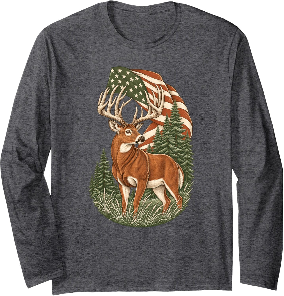American Flag Buck Deer Hunting Pine Forest Long Sleeve T-Shirt - Adult Unisex Dark Heather Grey