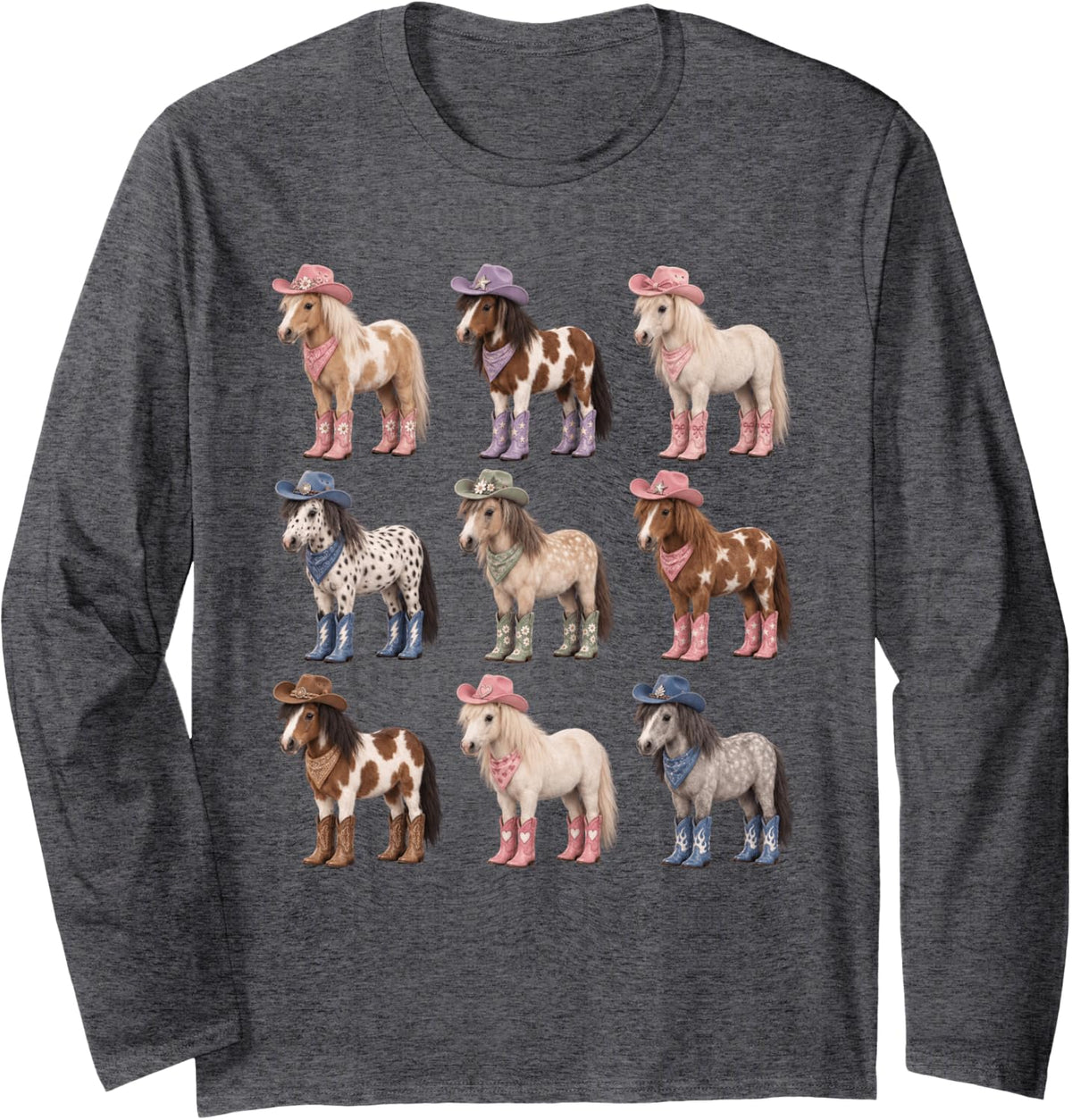 Cute Cowgirl Pony Horses Ranch Themed Birthday Long Sleeve T-Shirt - Adult Unisex Dark Heather Grey