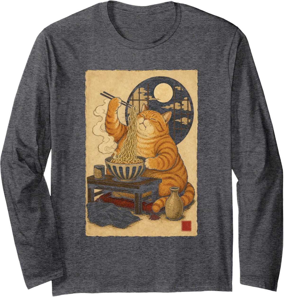 Ramen Cat Vintage Japanese Art Kawaii Chubby Ginger Noodles Long Sleeve T-Shirt - Adult Unisex Dark Heather Grey