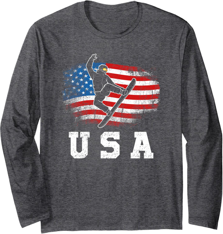 USA Snowboarding! Patriotic Snowboarder Long Sleeve - Adult Unisex Dark Heather Grey