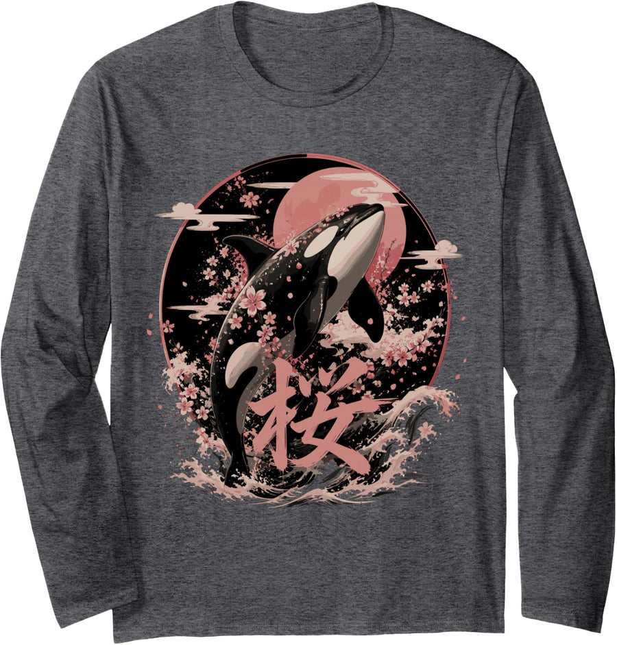 Vaporwave Aesthetic Orca Japan Style Japanese Killer Whale Long Sleeve T-Shirt - Adult Unisex Dark Heather Grey