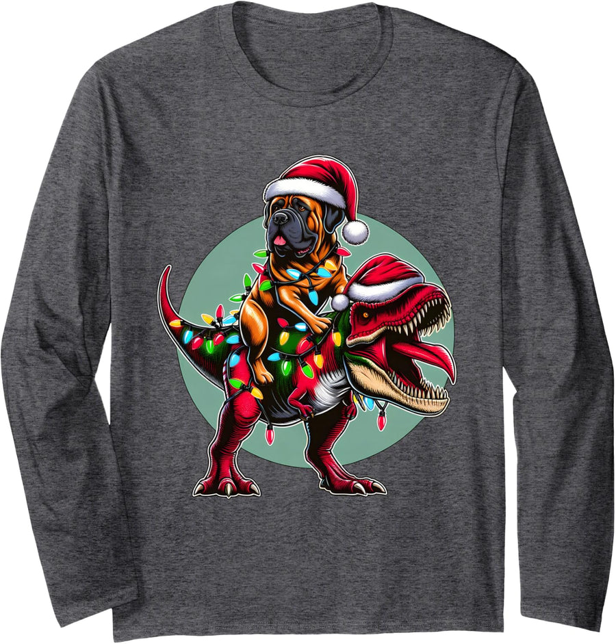 Christmas Lights English Mastiff Dog Riding T Rex Long Sleeve T-Shirt - Adult Unisex Dark Heather Grey
