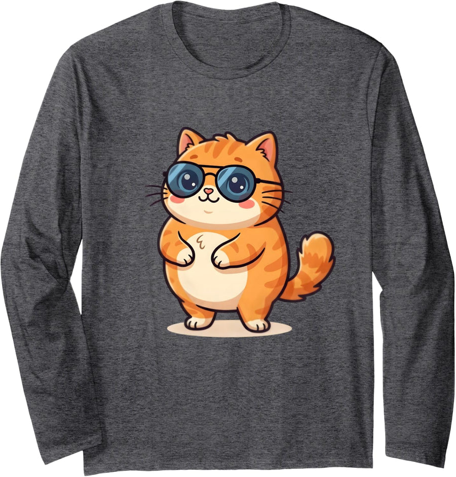 Chubby Orange Tabby Cat Sunglasses Kawaii Ginger Kitten Long Sleeve T-Shirt - Adult Unisex Dark Heather Grey