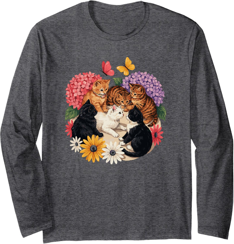 Vintage Cute Kittens Floral Painting for Cat Moms and Girls Long Sleeve T-Shirt - Adult Unisex Dark Heather Grey