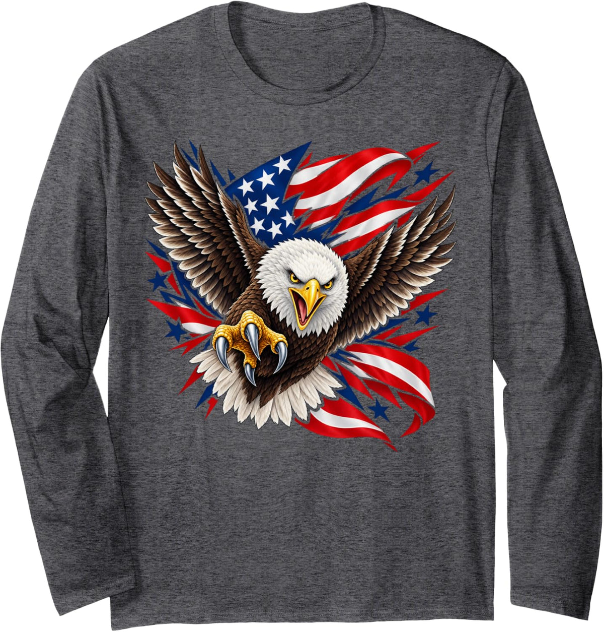 Bald Eagle Screech American Flag Patriotic Long Sleeve T-Shirt - Adult Unisex Dark Heather Grey