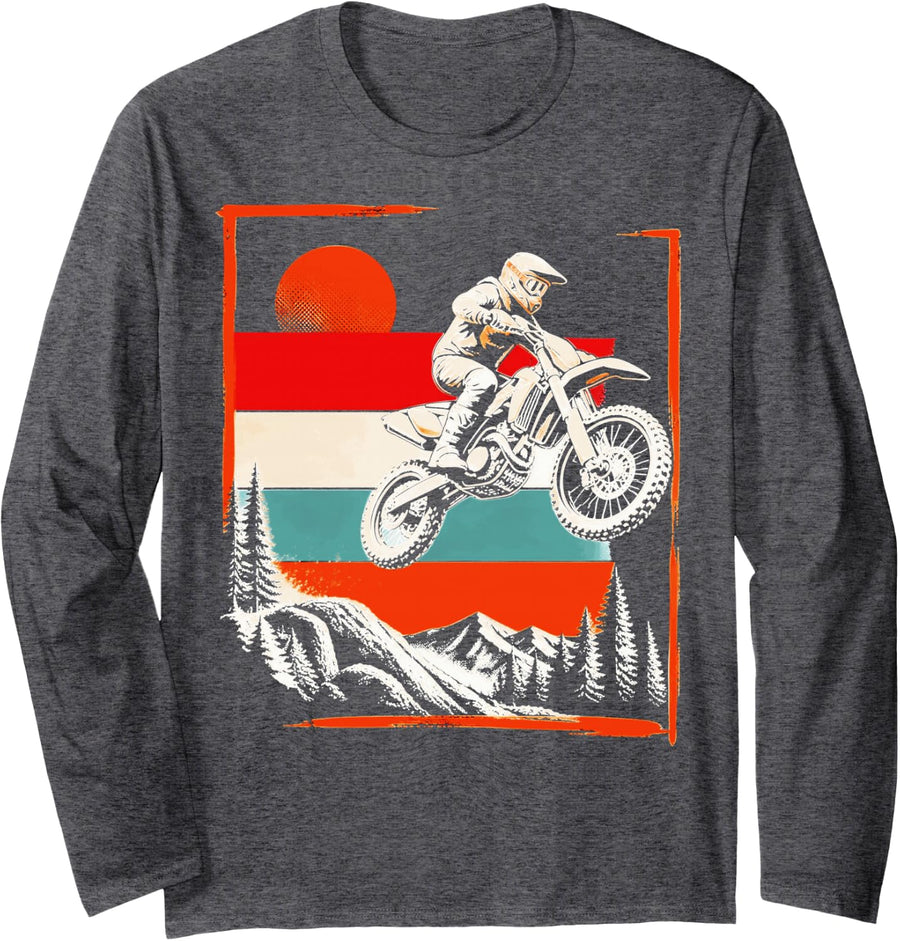 Vintage Off Road Motorcycle Enduro Dirt Bike Racing Long Sleeve T-Shirt - Adult Unisex Dark Heather Grey