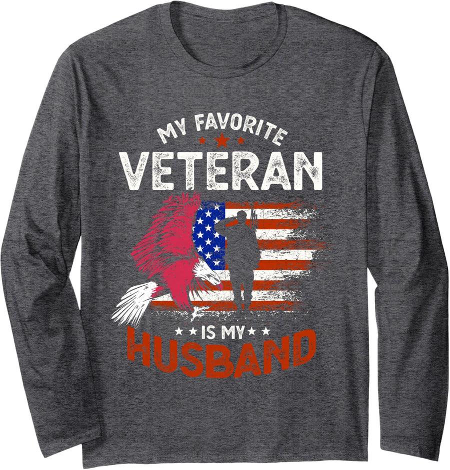 My Favorite Veteran Is My Husband Long Sleeve T-Shirt - Adult Unisex Dark Heather Grey