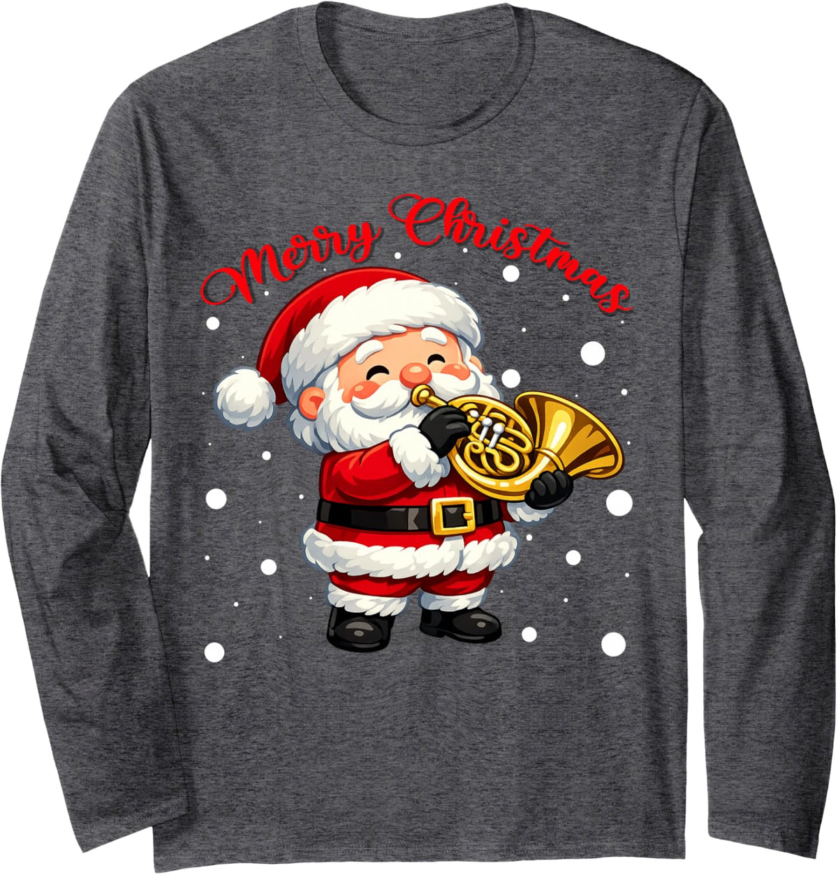 Merry Christmas Santa Playing French Horn Xmas Sweaters Long Sleeve T-Shirt - Adult Unisex Dark Heather Grey