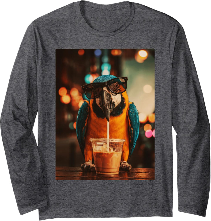 Funny Parrot Drinking Iced Coffee Parrot Bird Lover Vintage Long Sleeve T-Shirt - Adult Unisex Dark Heather Grey