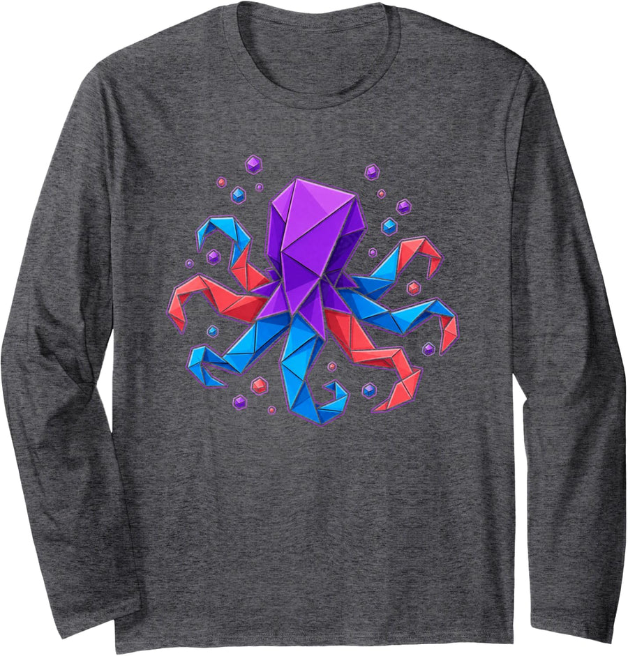 Origami Octopus Geometric Ocean Creature Long Sleeve T-Shirt - Adult Unisex Dark Heather Grey