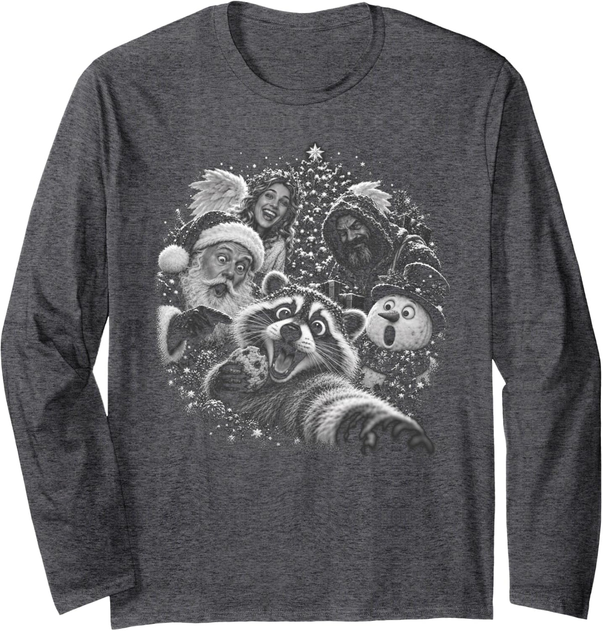 Raccoon Christmas Selfie Cookie Group Art Long Sleeve T-Shirt - Adult Unisex Dark Heather Grey