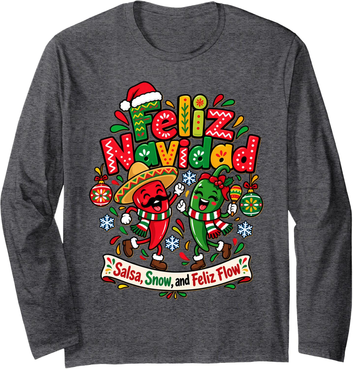 Feliz Navidad Spanish Christmas Mexican Food Funny Peppers Long Sleeve T-Shirt - Adult Unisex Dark Heather Grey