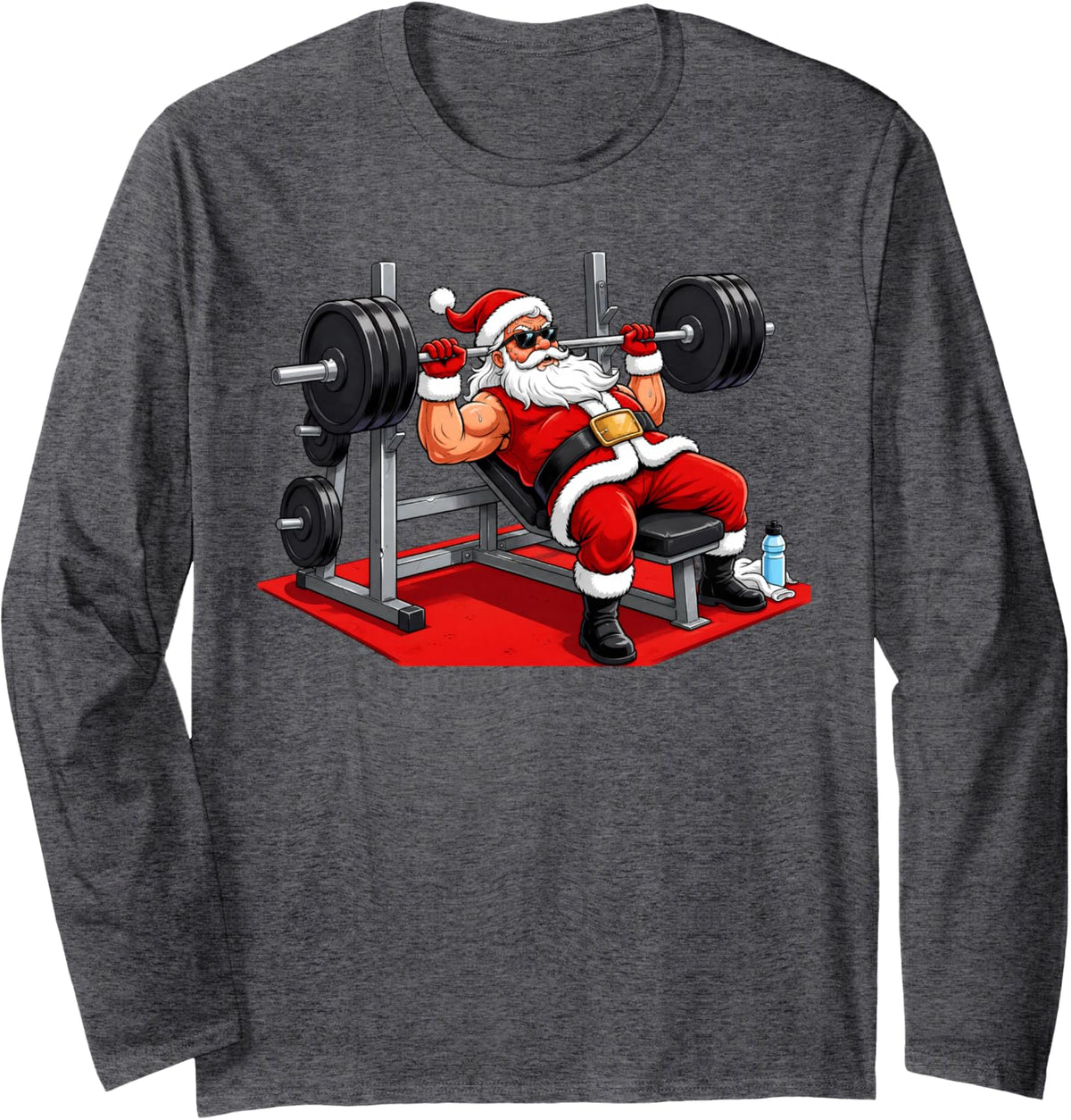 Muscular Santa Weightlifting Gym Workout Christmas Long Sleeve T-Shirt - Adult Unisex Dark Heather Grey