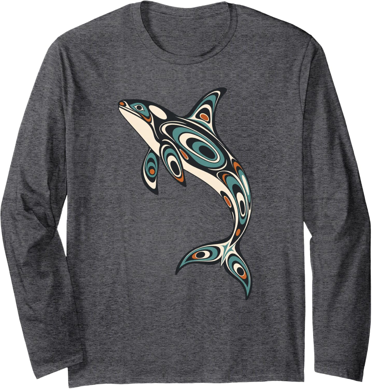 Orca Killer Whale Tribal Ocean Art Long Sleeve T-Shirt - Adult Unisex Dark Heather Grey