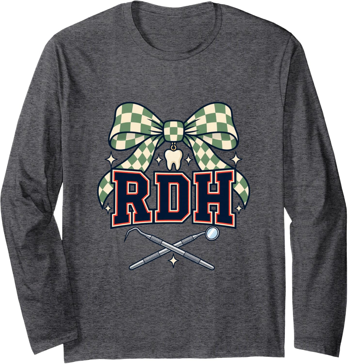RDH Dental Hygienist Checkered Bow Tooth Long Sleeve T-Shirt - Adult Unisex Dark Heather Grey