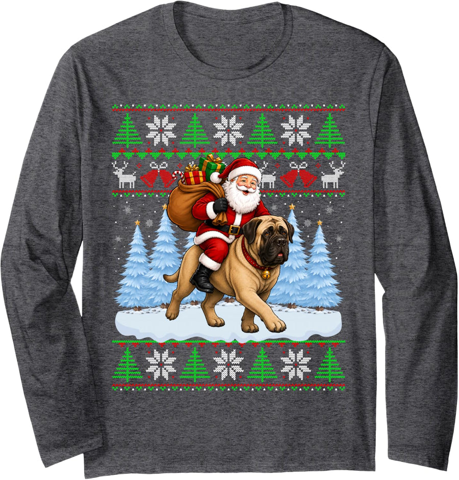 Ugly Xmas Funny Santa Riding English Mastiff Dog Christmas Long Sleeve T-Shirt - Adult Unisex Dark Heather Grey